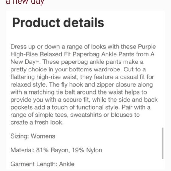 NWT A New Day M Women's High-Rise Relaxed Fit Paperbag Ankle Pants - Picture 3 of 4